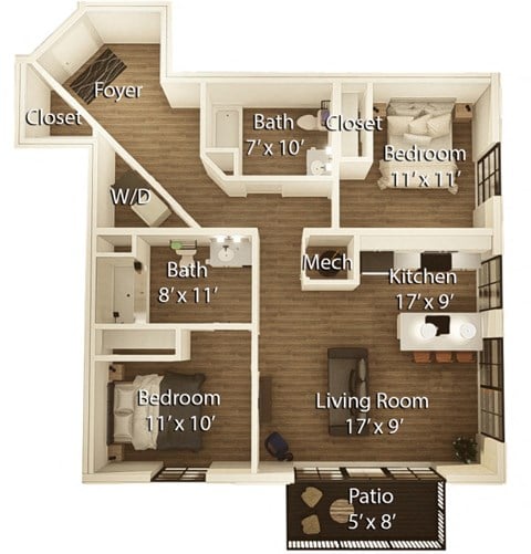 Floor plan for 2 beds, 2 baths, 1032 sqft